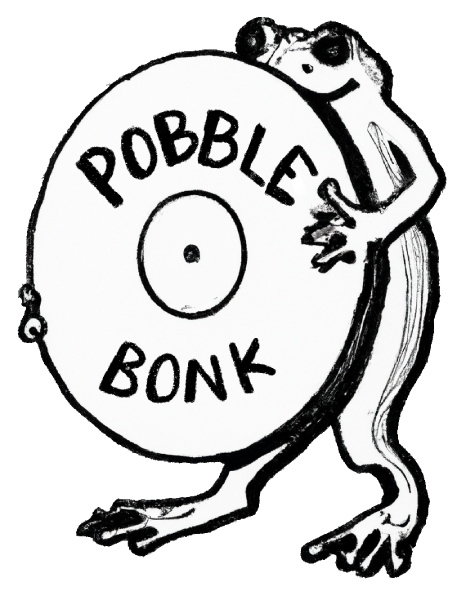 pobblebonk records logo - an illustrated frog holding a record that says pobblebonk